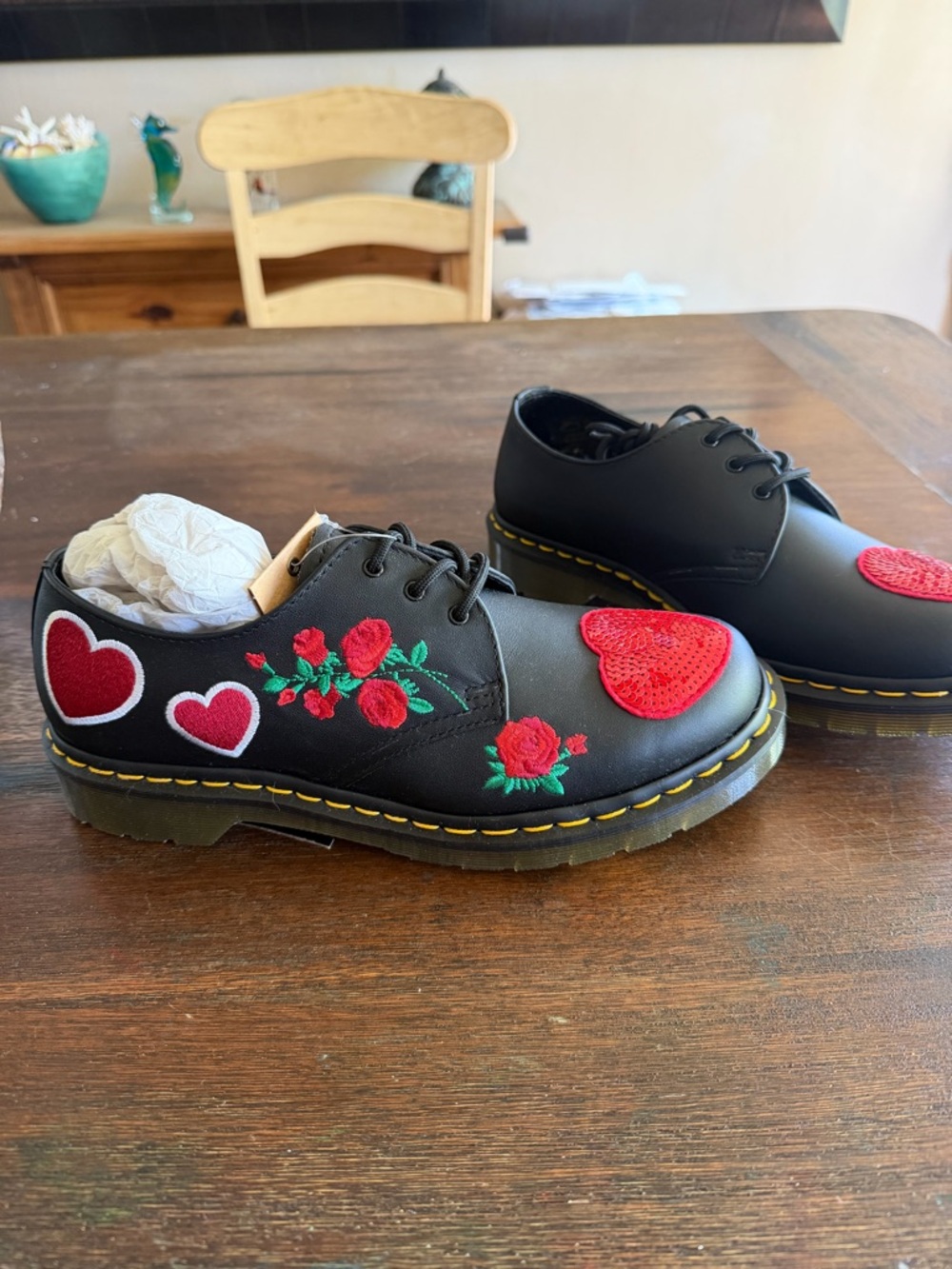 Dr. Martens Black Leather Lace-Up Flats with Red Sequin Hearts - Picture 2 of 6